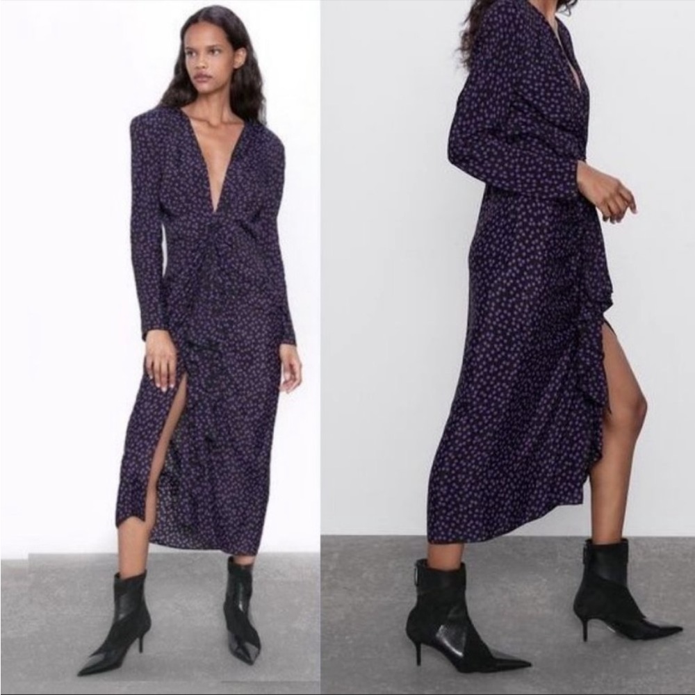 Zara Polka Dot Dress with Shoulder Pads Purple Black Sz S